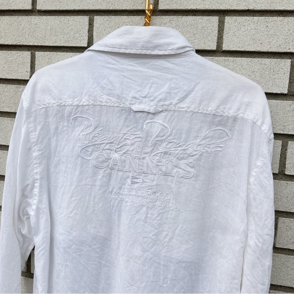 Marinepool Cannes Regatta 100% Linen Yacht Club Shirt L White Coastal Preppy - Picture 9 of 12